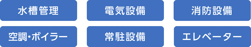 水槽管理・電気設備・消防設備・空調・ボイラー・常駐設備・エレベーター